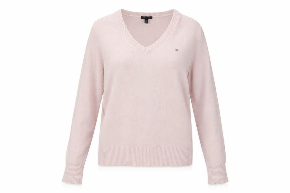 Front view of GANT Women's Pink Wool V-Neck jumper, size S