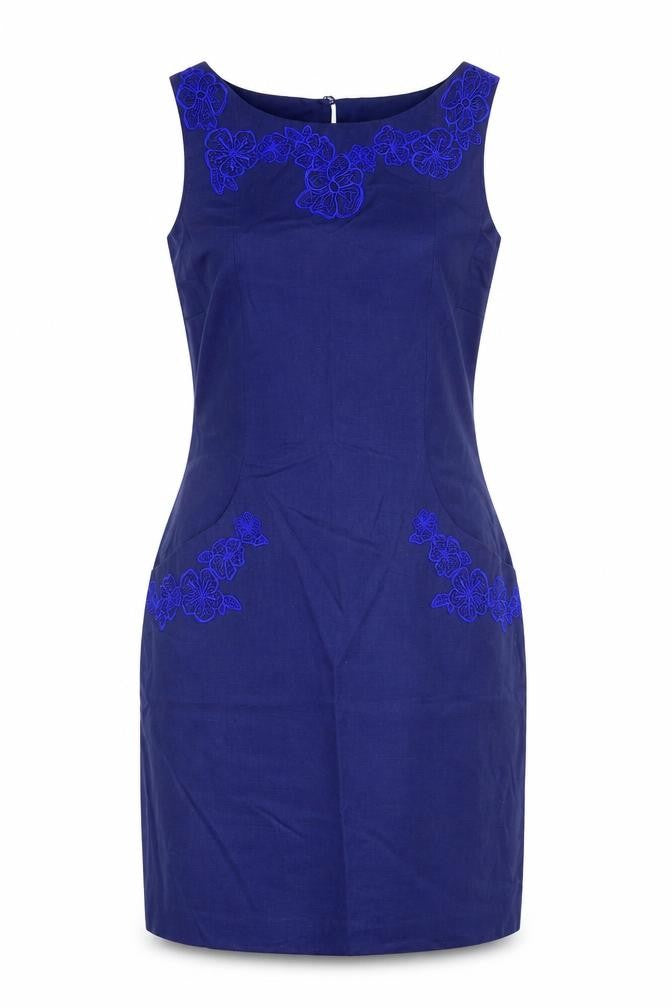 Front view of Coast Women's Blue Embroidered Sheath Dress, size 10