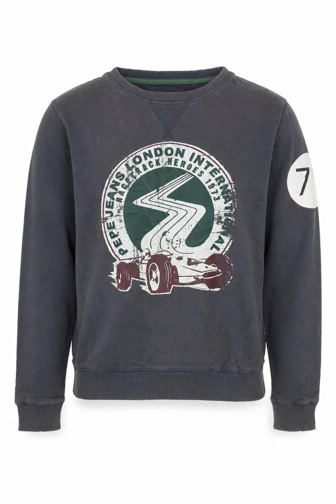 Front view of Pepe Jeans Men's Black S Pullover Sweatshirt Racing Print