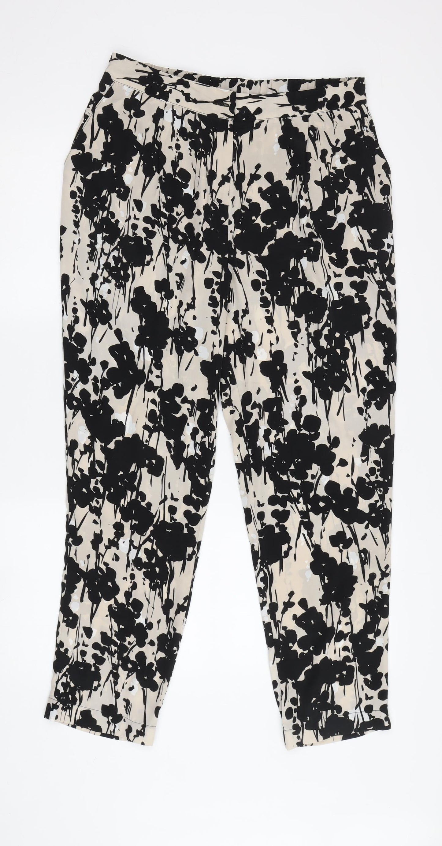 Wallis Women's Cropped Trousers Size 12 Black Beige Floral