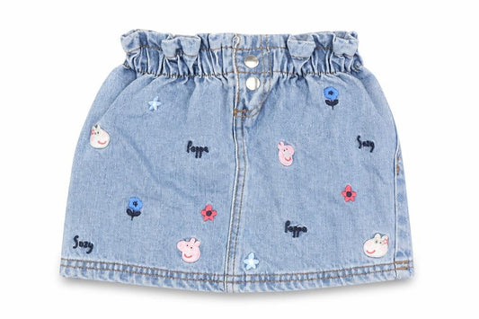 Front view of Peppa Pig girls’ blue mini skirt, 12-18 months, denim embroidered