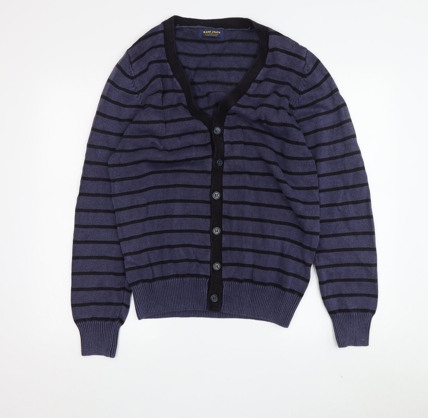 Zara Boys Blue Striped Cardigan, Size 10, V-Neck, Cotton
