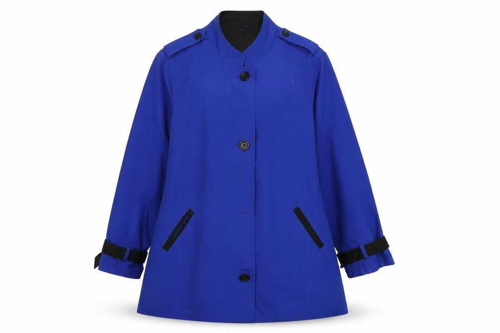 Front view of Marisota Women's Blue Long Coat, size L, with Buckle