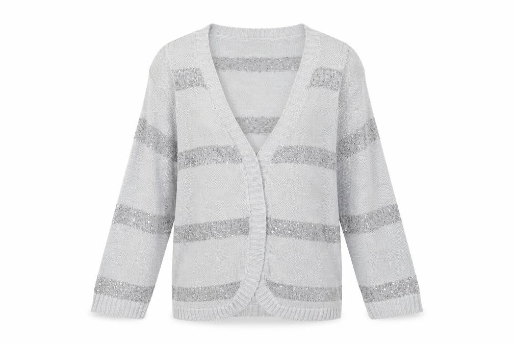 Front view of Casamia Women's Grey Sequin Cardigan, size S