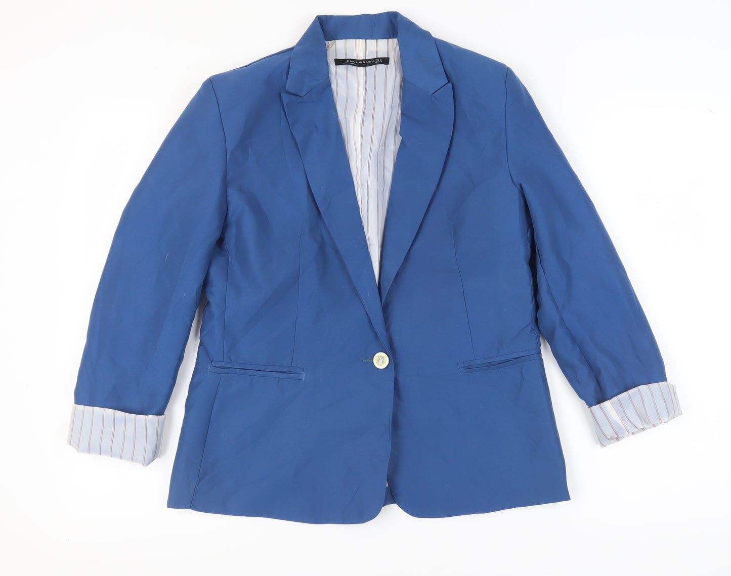 Zara Women Blue Blazer, Size L, Classic Single-Breasted