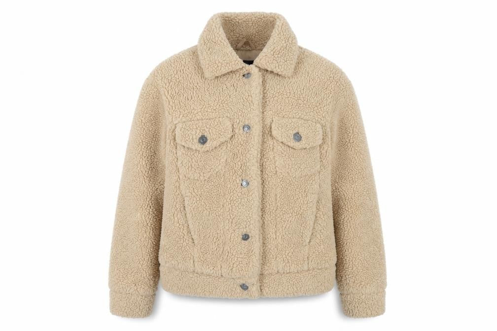 Front view of New Look Women's Beige Fleece Jacket, size 6, Collared Style