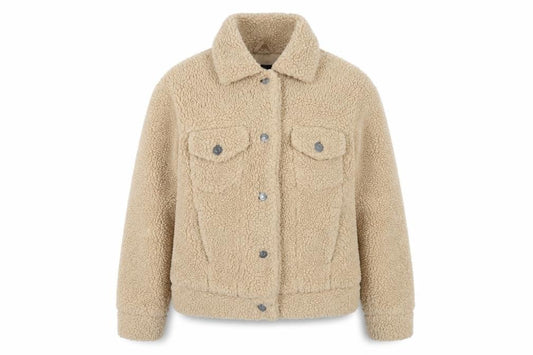 Front view of New Look Women's Beige Fleece Jacket, size 6, Collared Style