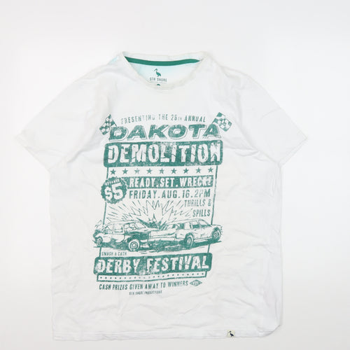 STH Shore Men's White Graphic Retro T-Shirt, L, Cotton