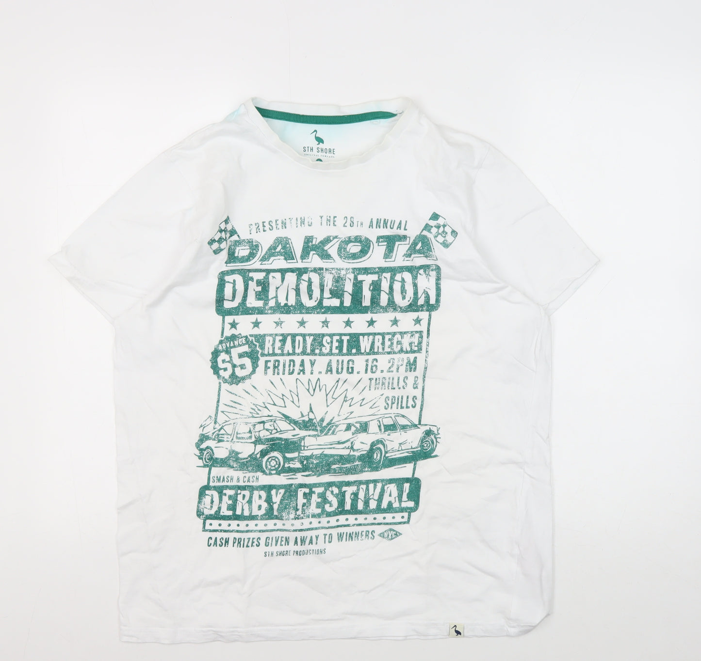 STH Shore Men's White Graphic Retro T-Shirt, L, Cotton