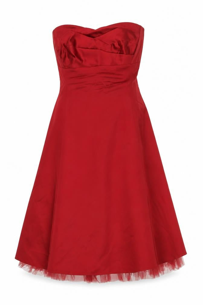 Front view of Warehouse Red Hi-Low Strapless Dress, size 12