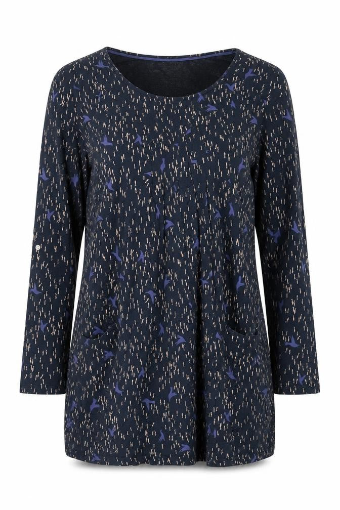 Front view of White Stuff Women's Navy Blue Long Sleeve Tunic Top
