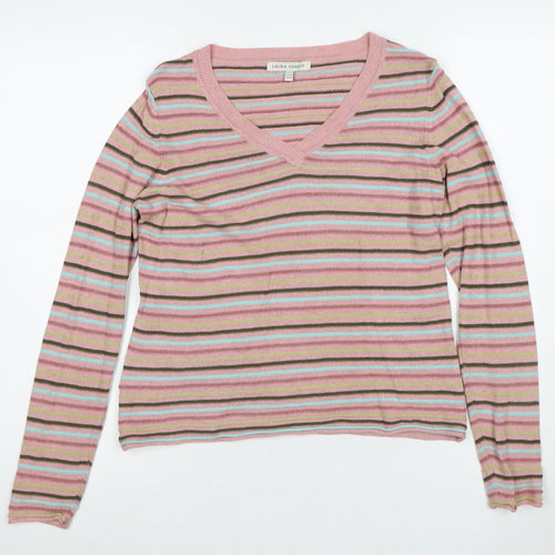 Laura Ashley Women's Pink Striped V-Neck Jumper, Size 12