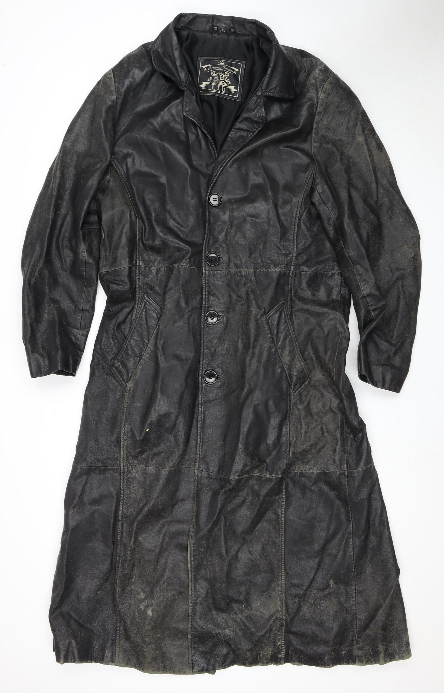LLD Women's XL Black Leather Long Overcoat
