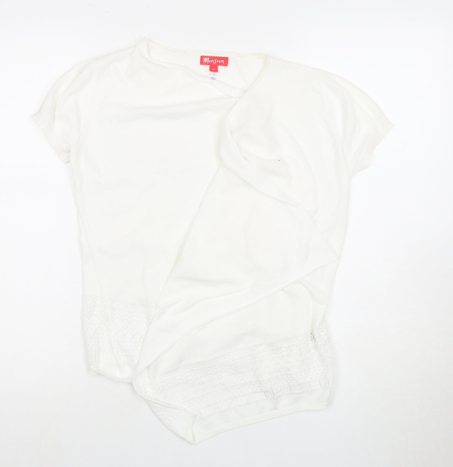 Monsoon Women's White Basic T-Shirt M with Crochet Detail