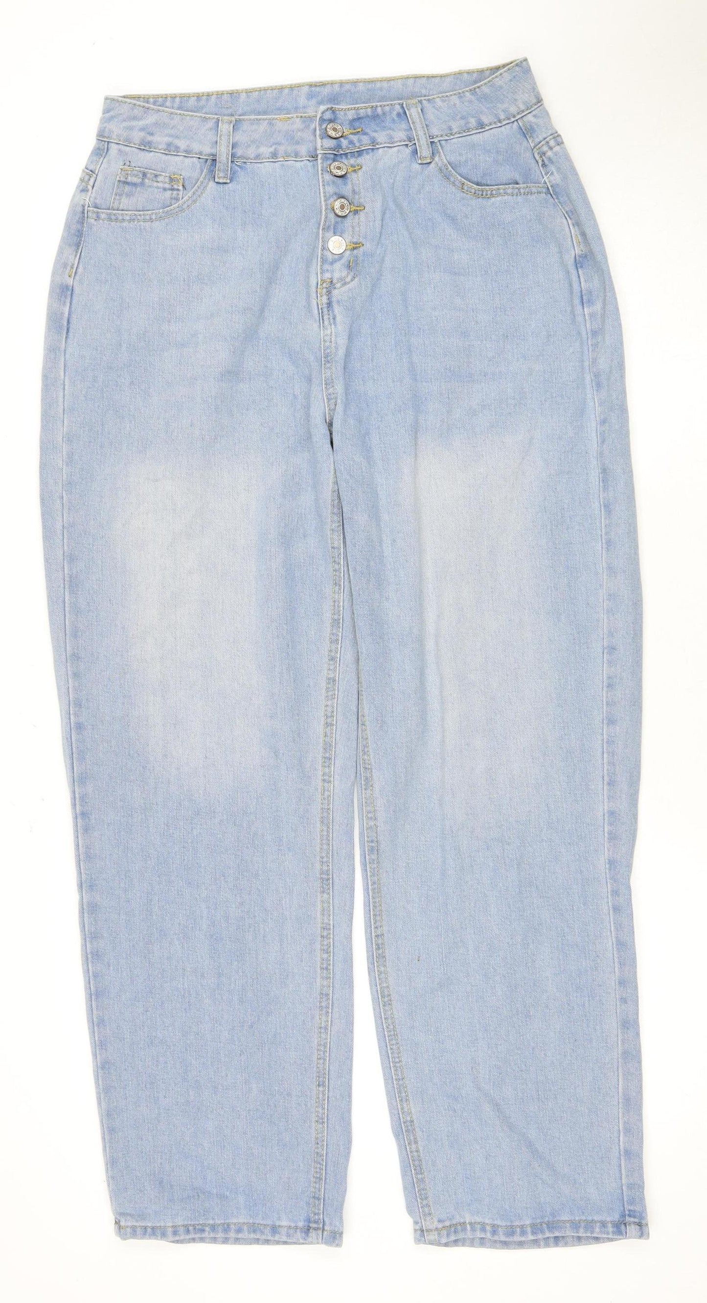 Women's Light Blue Straight Denim Jeans, L, Button Accents