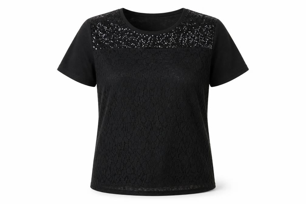 Bassini Women's Black Sequin Lace T-Shirt Size L