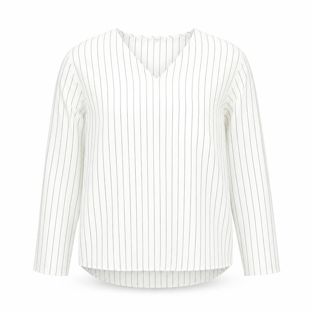 Front view of COS Women’s White Striped V-Neck Shirt, size UK 12
