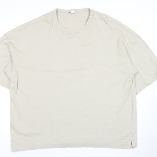 Zara Men's Beige XL Crew Neck T-Shirt, Relaxed Fit