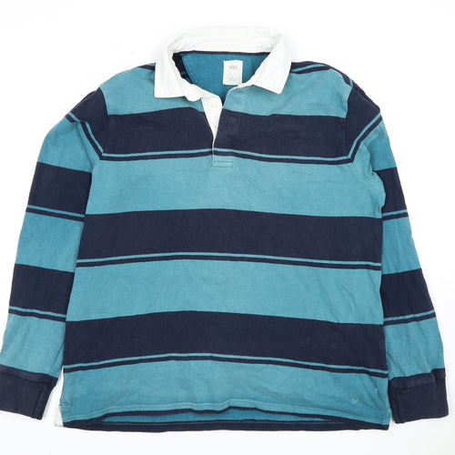 Marks and Spencer Men's Blue Striped Polo Shirt L