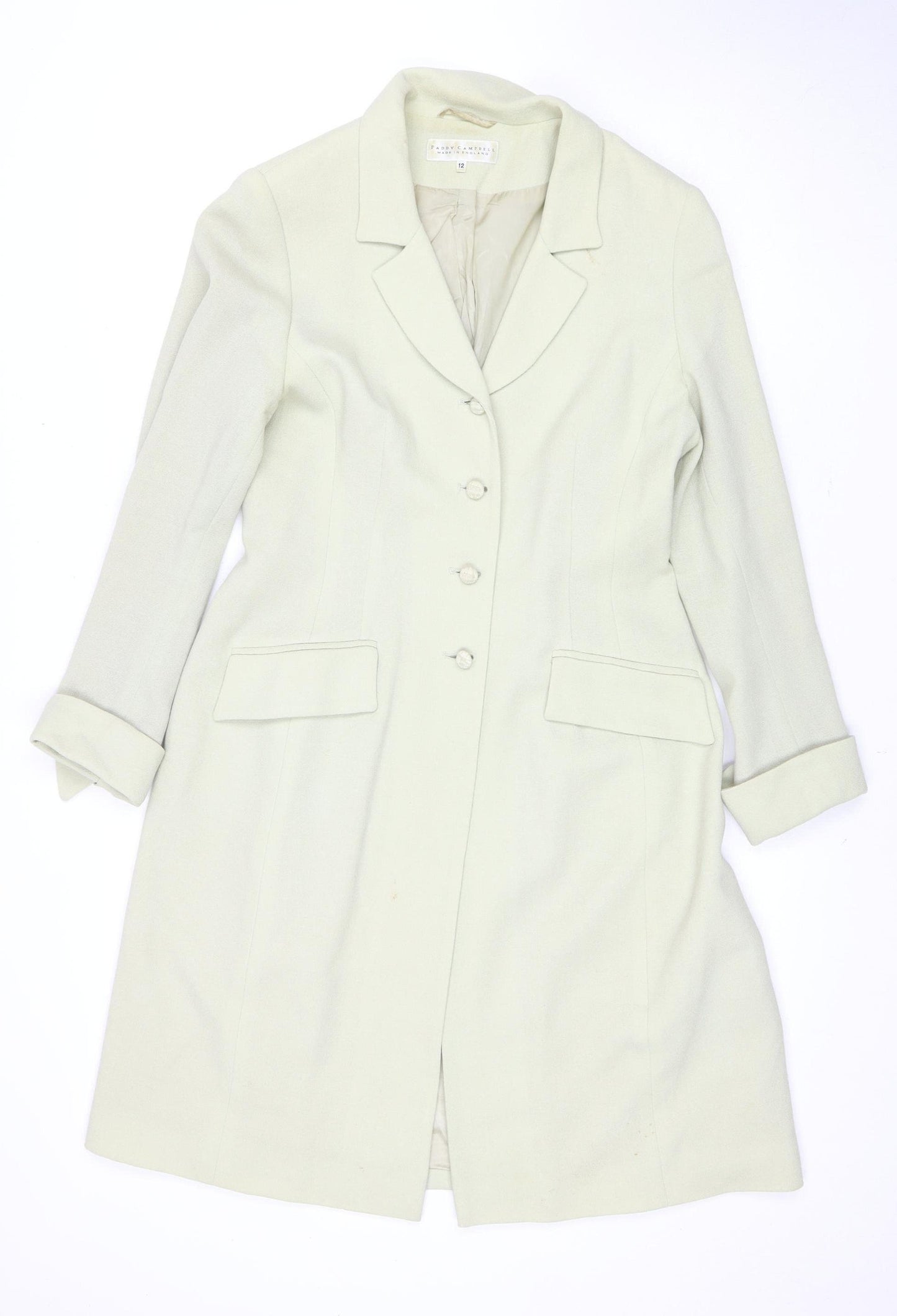 Paddy Campbell Women's Ivory Wool Long Overcoat, Size 12