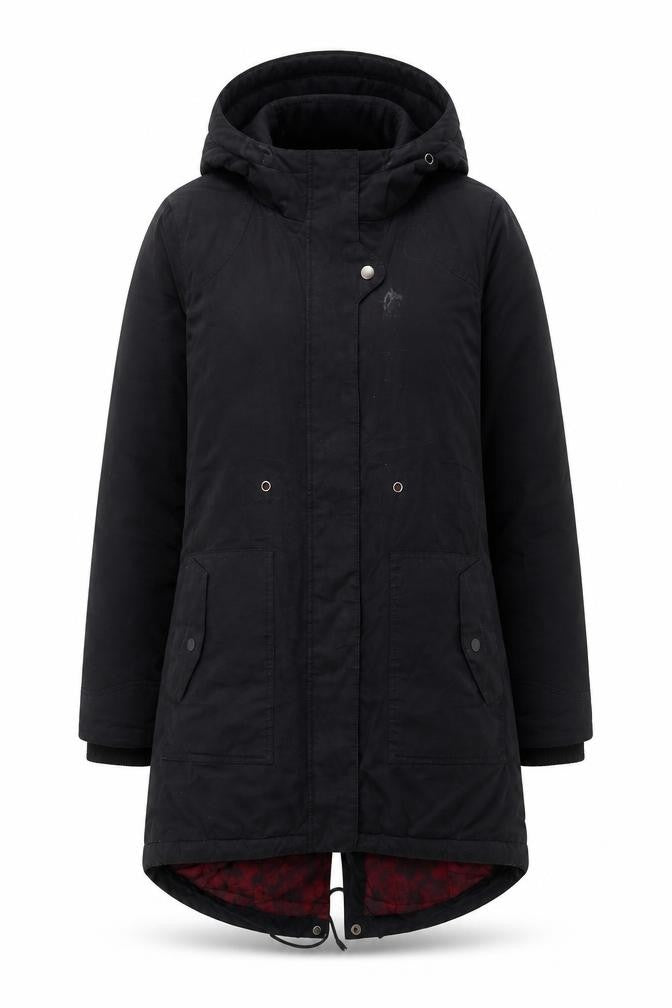 Front view of VILA Women's Black Parka Coat M - Hooded, Winter Ready