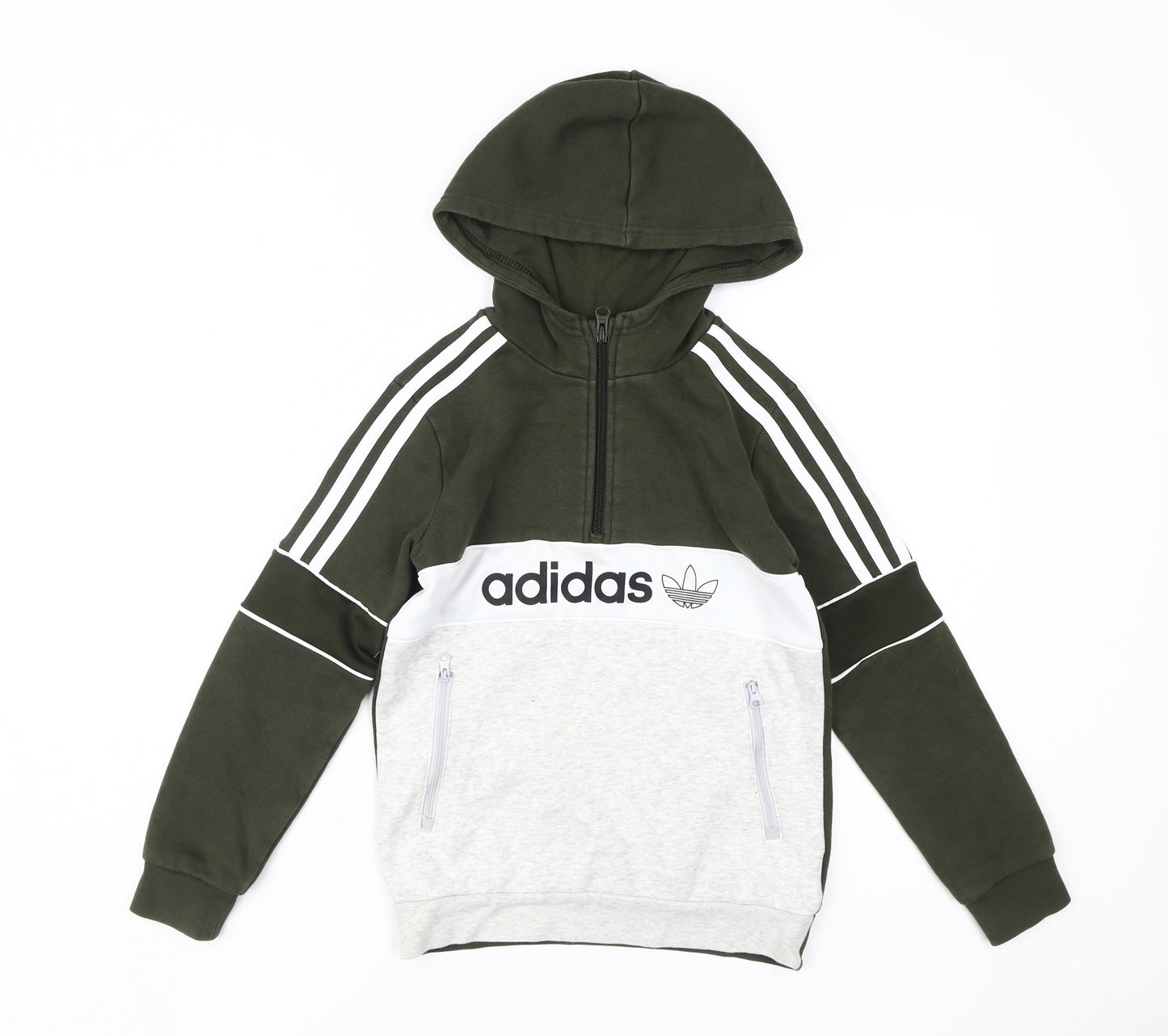 Adidas Boys Green Grey Pullover Hoodie, 9-10 Years