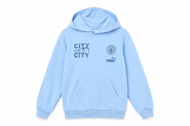 Front view of Puma boys’ blue pullover hoodie 9-10 years sports graphic