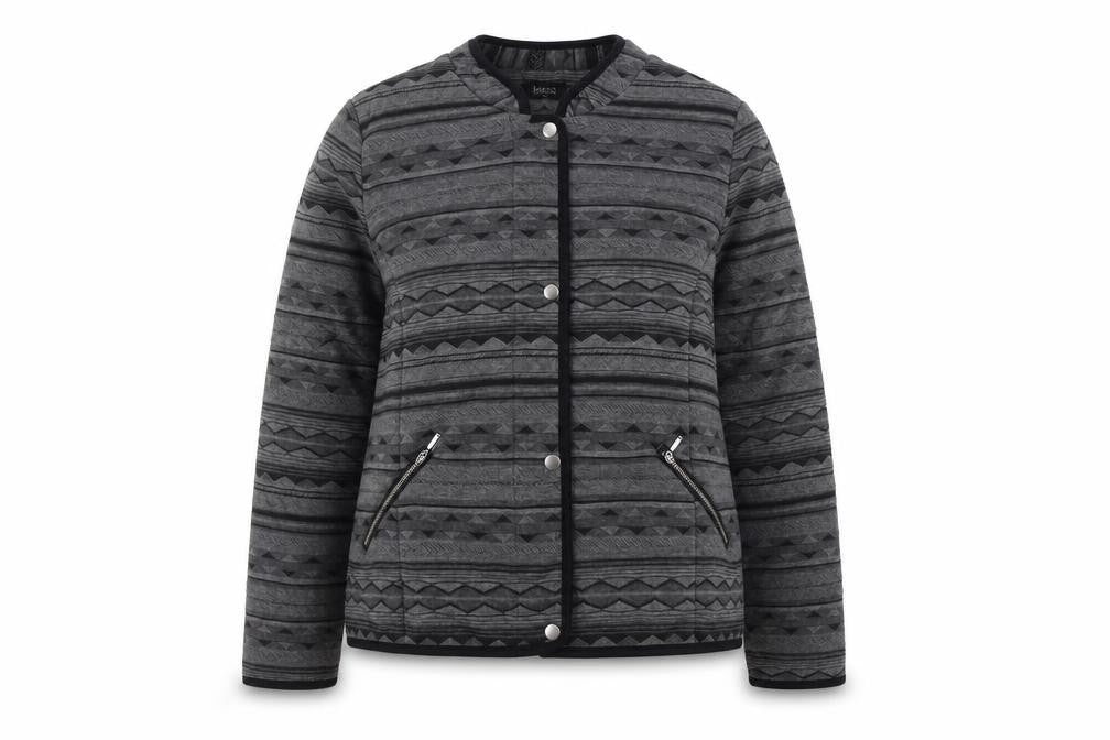 Front view of Klass Women's Black Grey Geometric Bomber Jacket, size 16