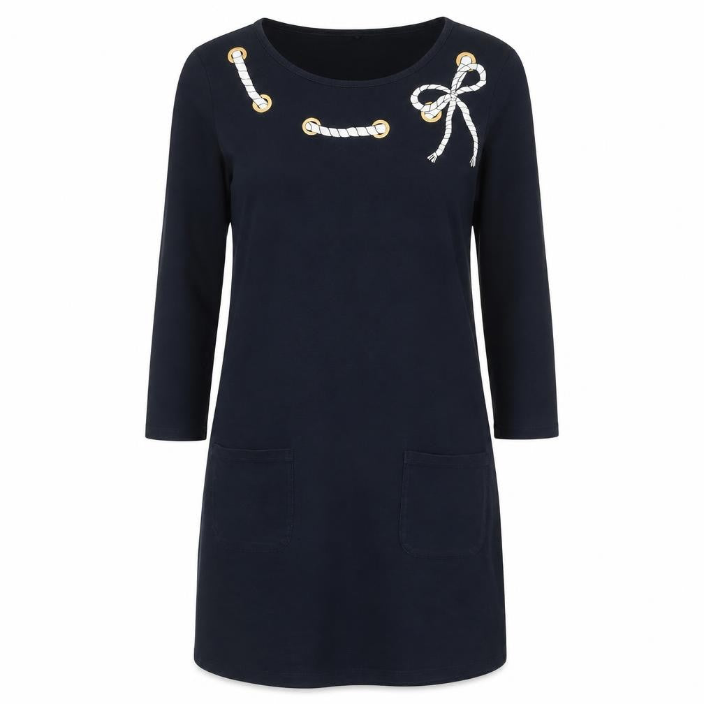 Front view of Laura Ashley Black Women's Dress, size 8, Bow Accent, Pockets