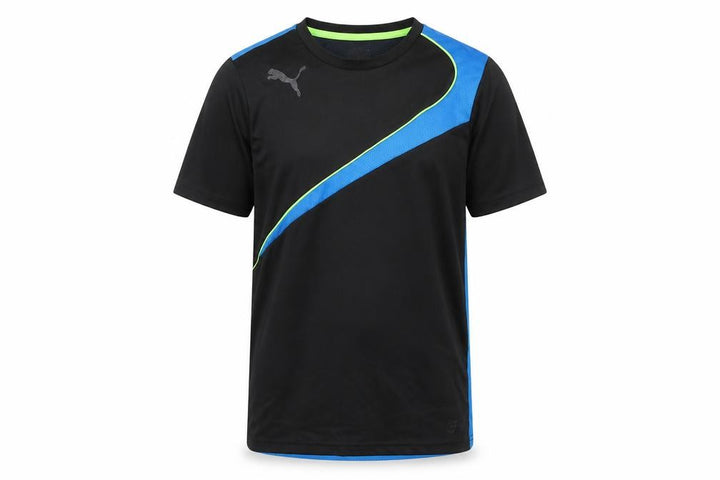 Front view of Puma boys’' black and blue sports t-shirt, size 13, years