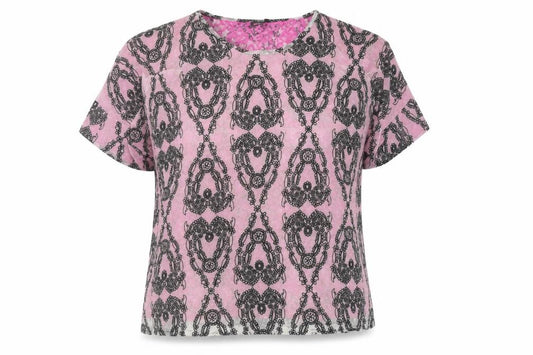 Front view of ASOS Women’s Pink Lace Floral T-Shirt, size UK 10