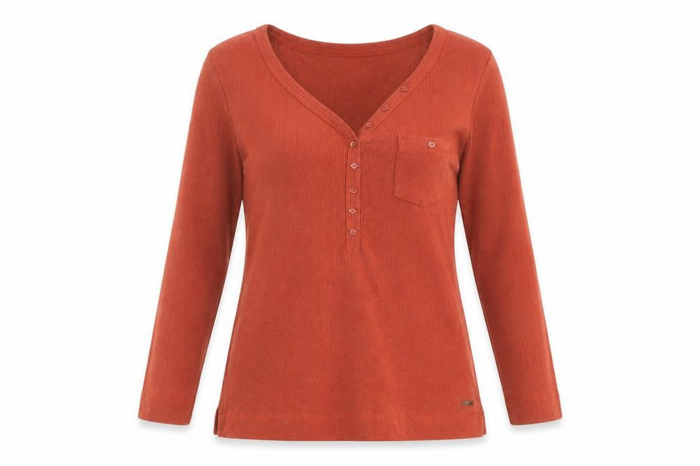 Front view of Dash Women's Red 3/4 Sleeve V-Neck T-Shirt, size 10