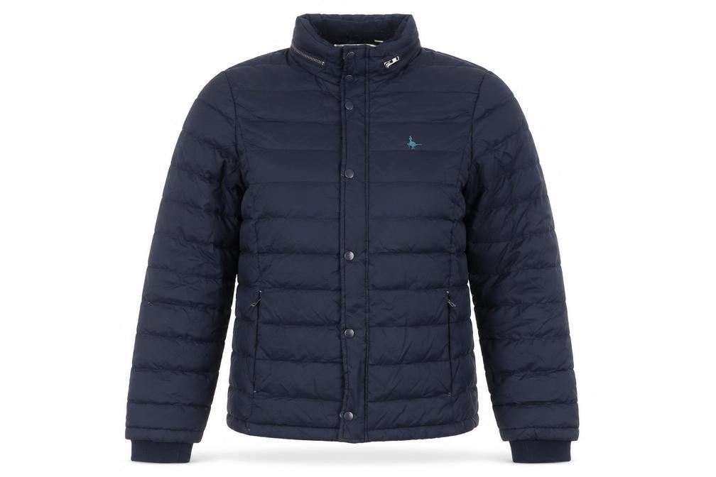 Front view of Jack Wills unisex blue puffer jacket m, winter ready