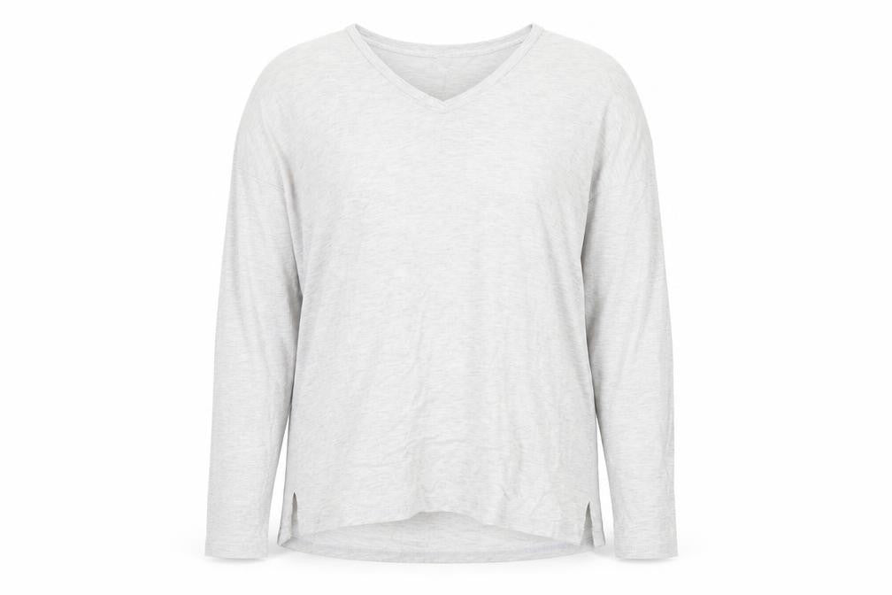 Front view of hush Women's Grey V-Neck T-Shirt, S, Casual Stretch Pullover