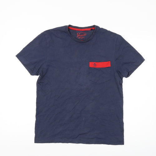 Penguin Men’s Blue Crew Neck T-Shirt, S, Short Sleeve, Logo Accent