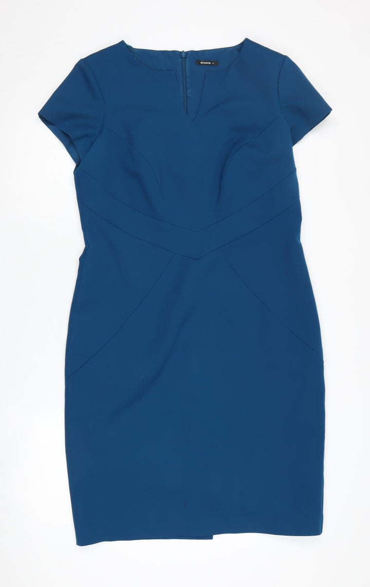 Roman Blue Sheath Dress, Size 14, Women, V-Neck