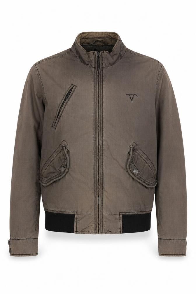Front view of Men's Brown Stand-Up Collar Bomber Jacket, size S