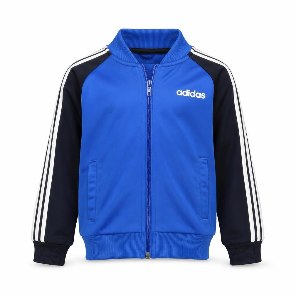 Front view of Adidas boys’ blue track jacket 3-4 years full zip
