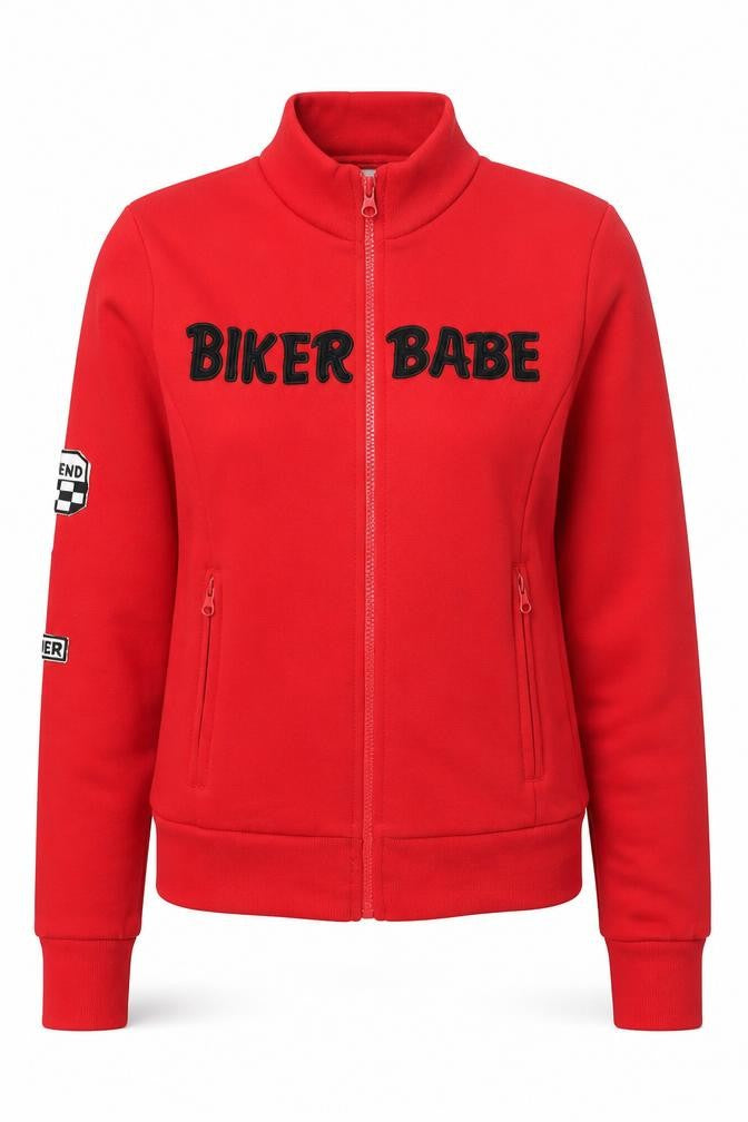 Front view of Hyde & Seek Women's Red Biker Sweatshirt, S, Full Zip