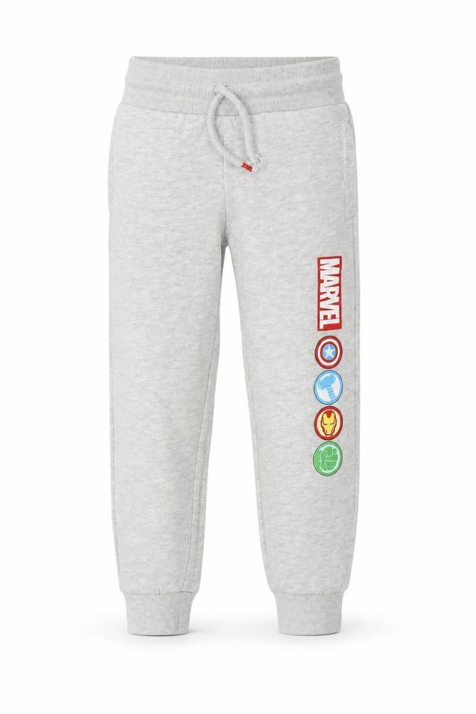 Front view of Marvel boys’ grey jogger trousers 4-5 years with superhero theme
