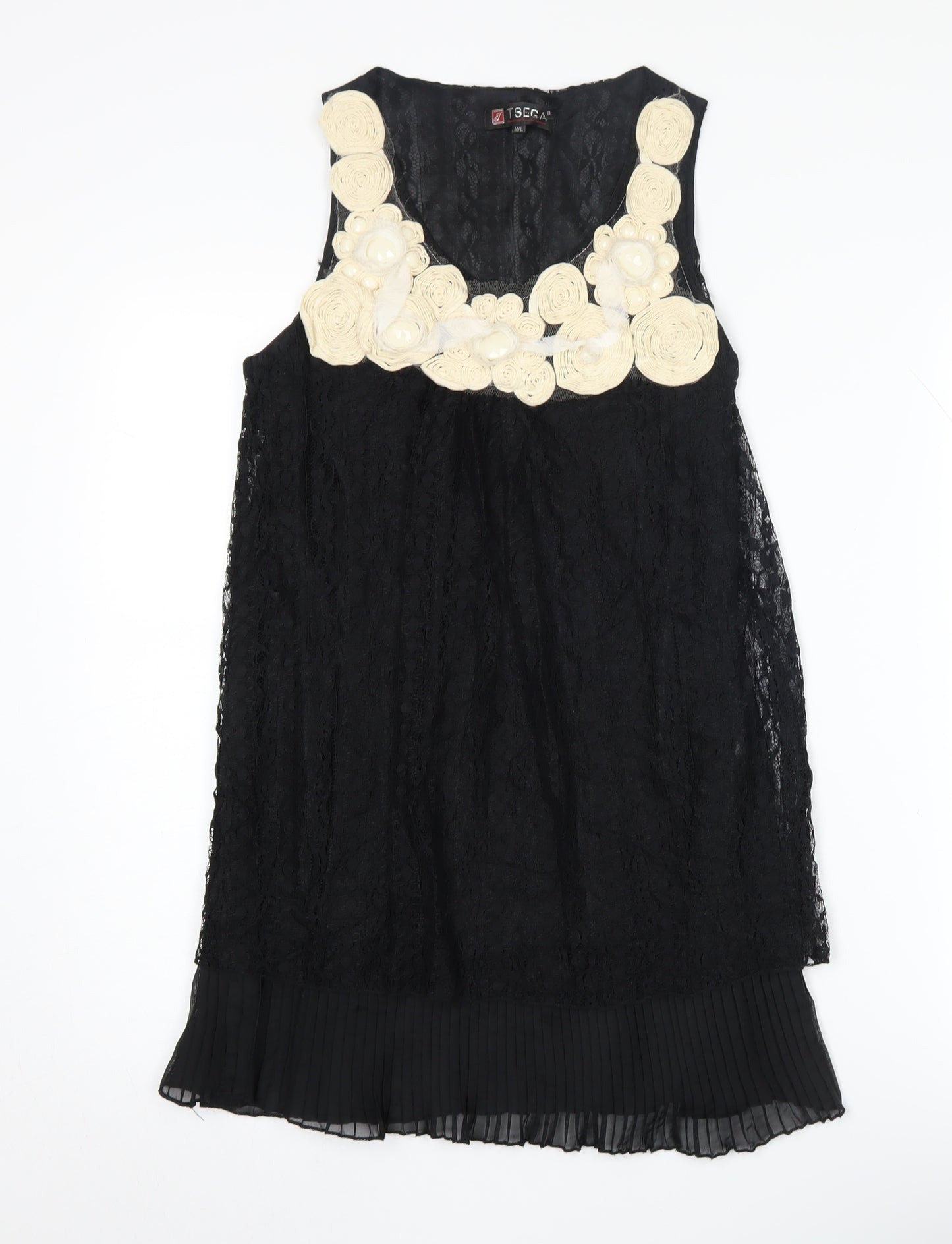 TSEGA Women's Black Lace Tunic Blouse M/L Beaded Accent
