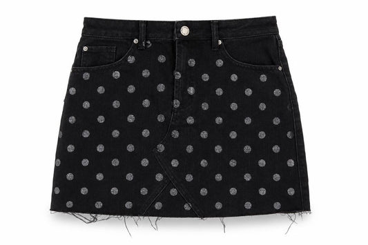Front view of Miss Selfridge Black Polka Dot Mini Denim Skirt, size 10
