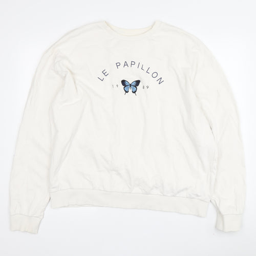 Topshop Women's White Pullover Sweatshirt, Size L, Butterfly Theme