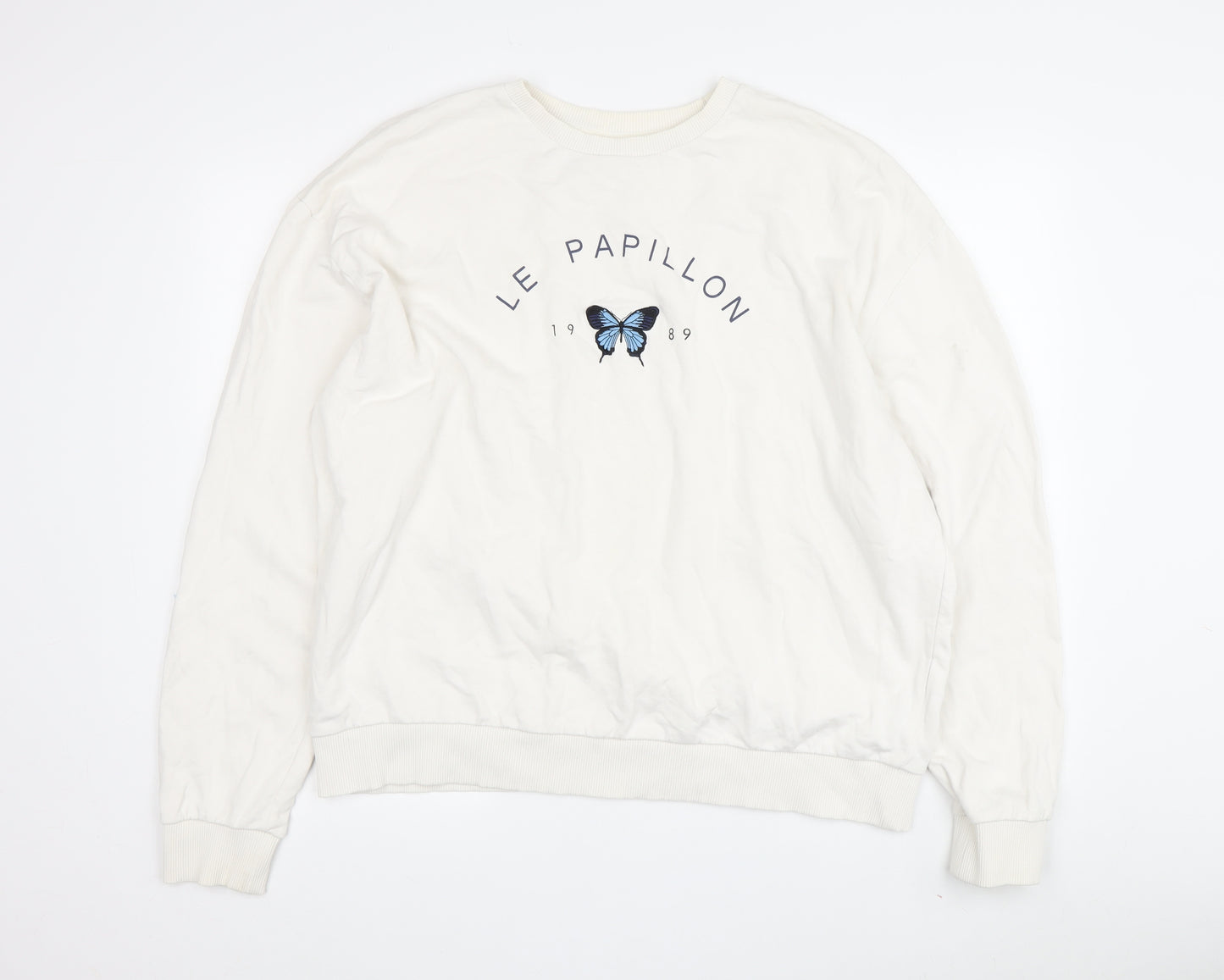 Topshop Women's White Pullover Sweatshirt, Size L, Butterfly Theme