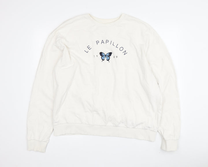 Topshop Women's White Pullover Sweatshirt, Size L, Butterfly Theme