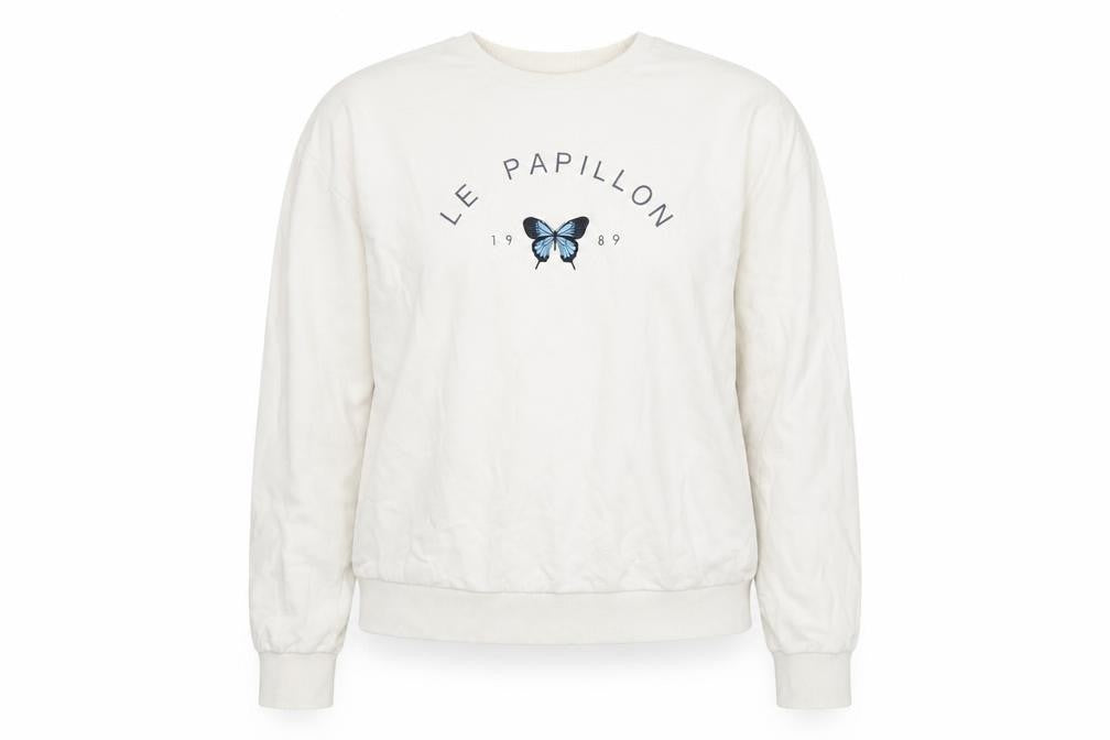 Front view of Topshop Women's White Pullover Sweatshirt, size L, Butterfly Theme