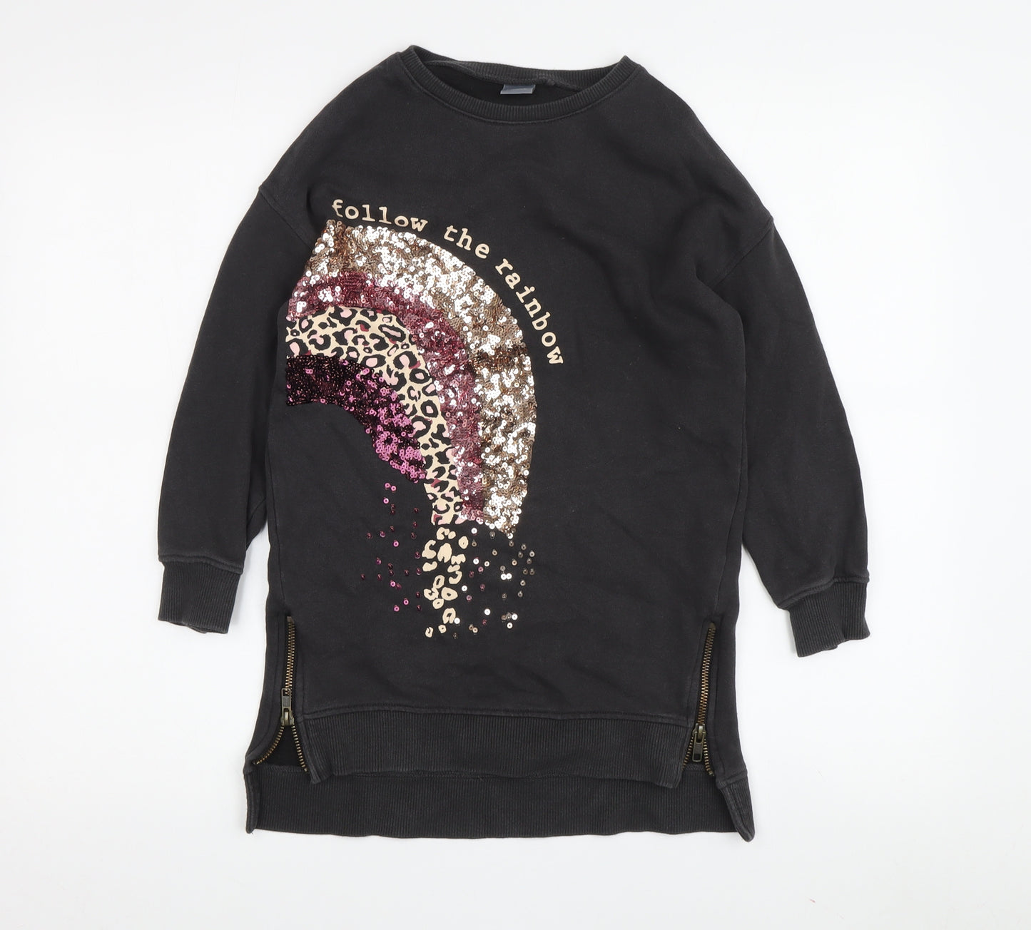Next Girls Black Rainbow Sweatshirt Dress, Size 7 Years