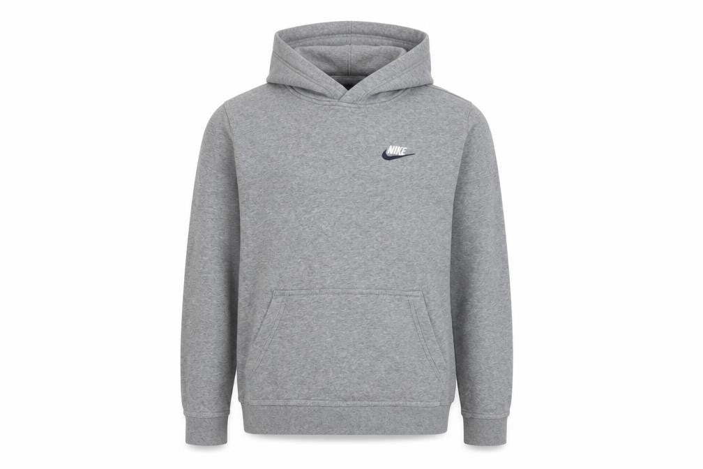 Front view of Nike boys’ grey hoodie xl pullover, jersey, logo accented