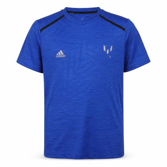 Front view of Adidas boys’' blue messi football jersey t-shirt large