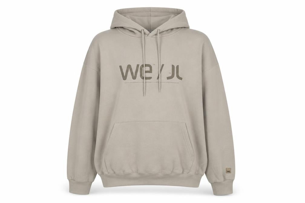 Front view of WE Beige unisex hoodie xl with logo design